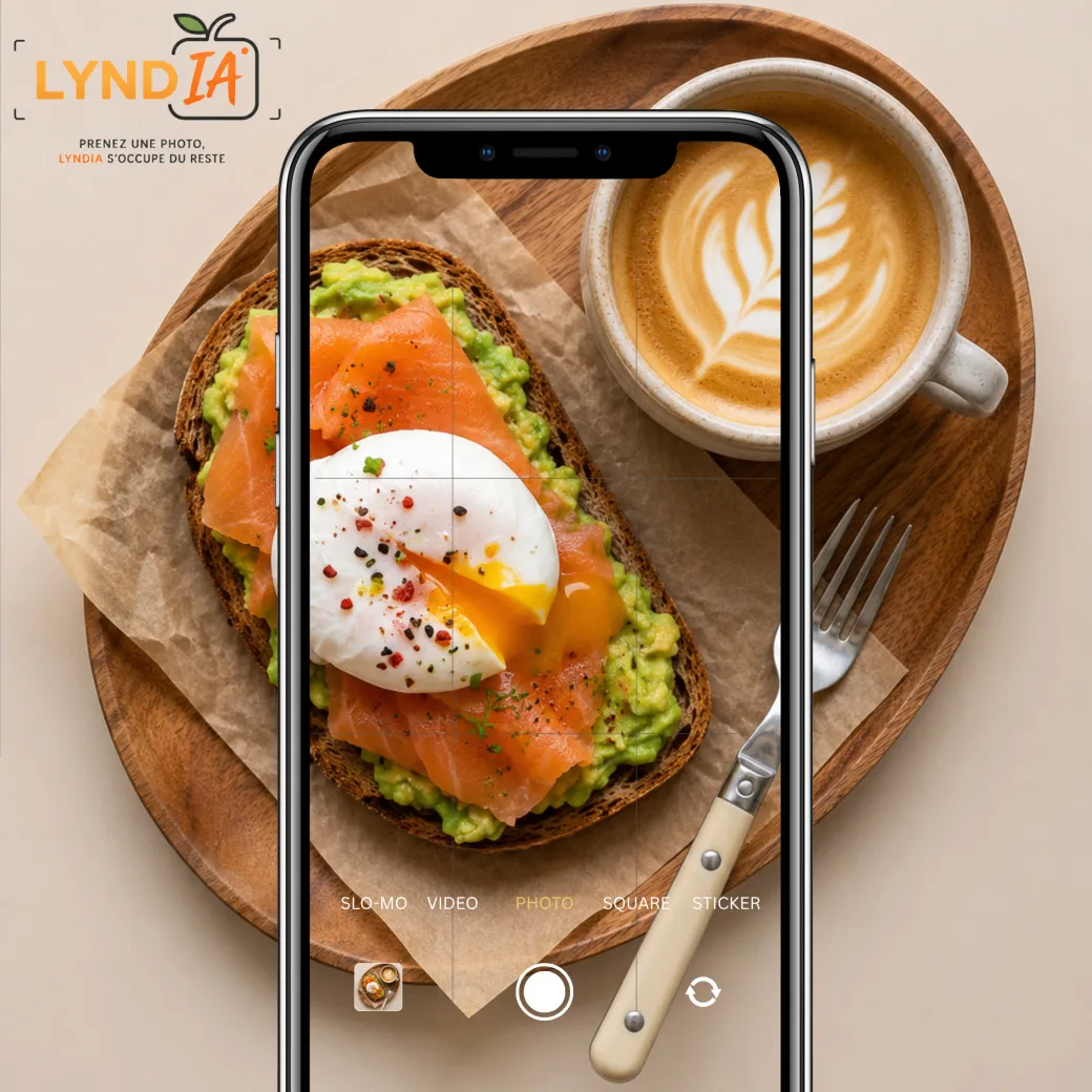Un téléphone cadre un toast à l'avocat et au saumon, à côté d'un café